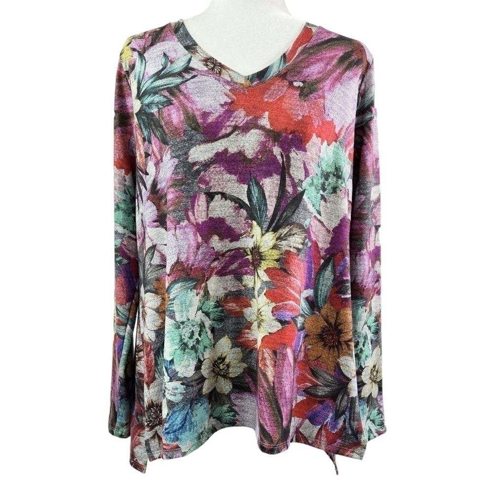 Soft Surroundings First Bloom Tunic Top Heather Gray Multicolor Floral PETITE